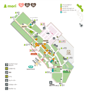 レイクタウンmori1階のこどもトイレ・授乳・ミルクルームの案内マップ