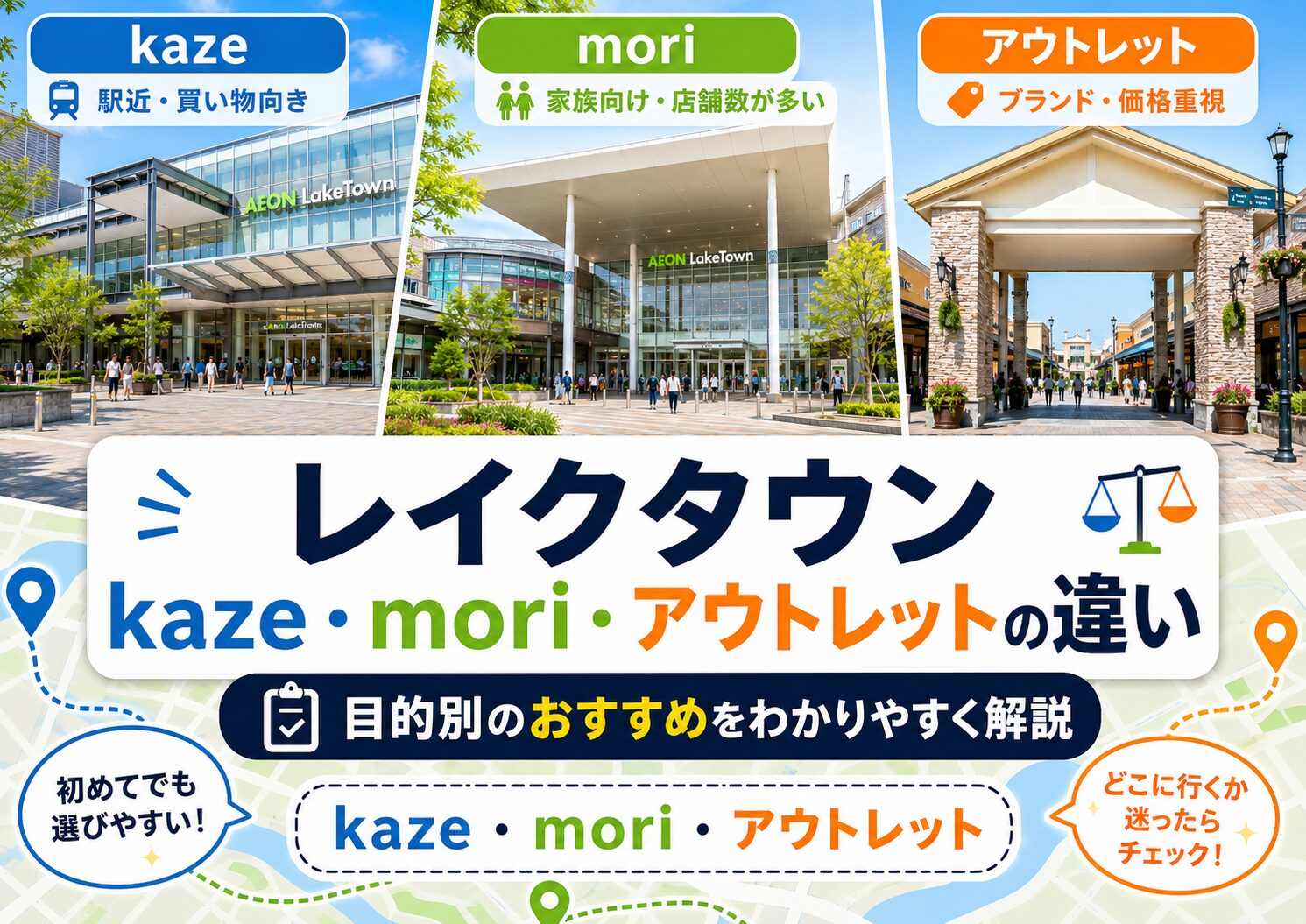 レイクタウンのkaze・mori・アウトレットの違いを比較したアイキャッチ画像。目的別のおすすめエリアを解説