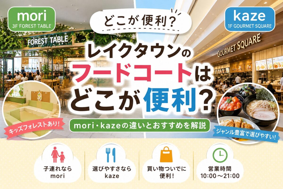 レイクタウンのフードコート比較アイキャッチ画像。moriとkazeの違いや目的別のおすすめを解説