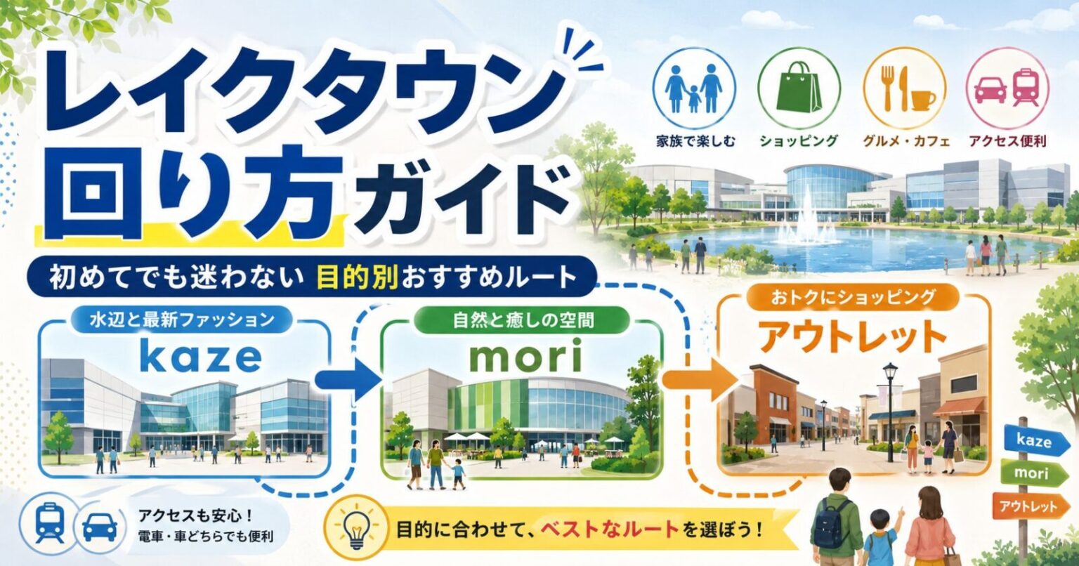 レイクタウン回り方ガイドのアイキャッチ画像。kaze・mori・アウトレットを目的別おすすめルートで解説