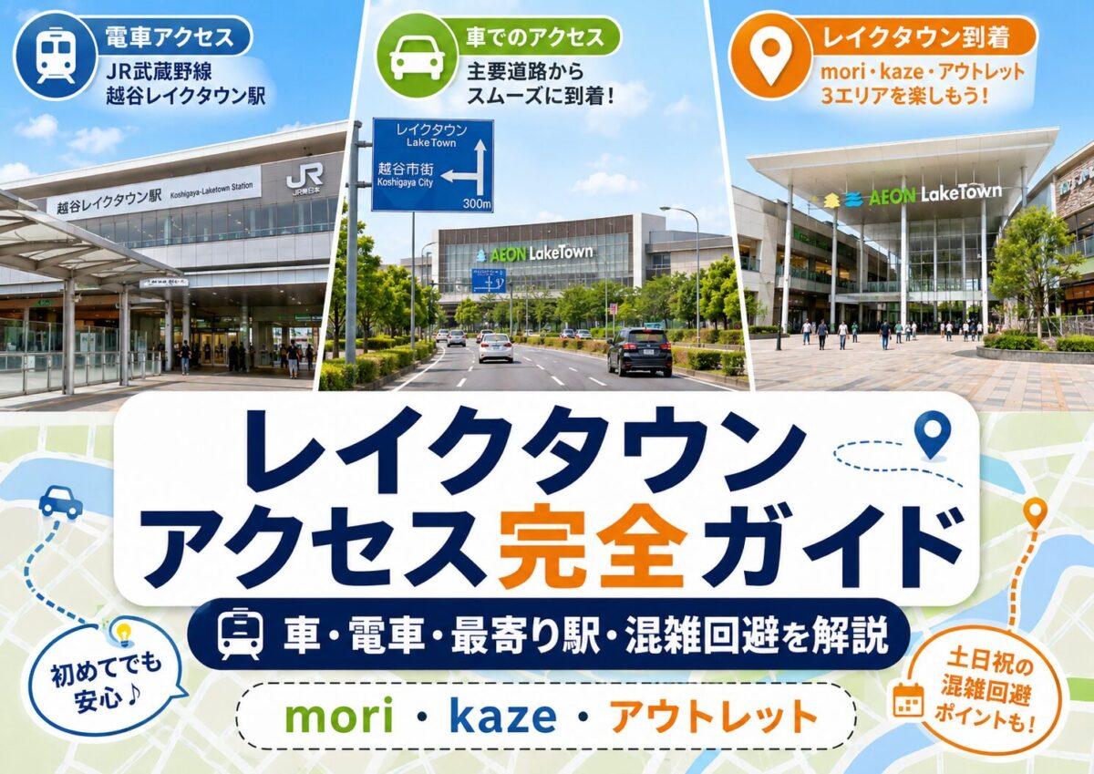 レイクタウンアクセス完全ガイドのアイキャッチ画像。車・電車・最寄り駅・混雑回避を解説