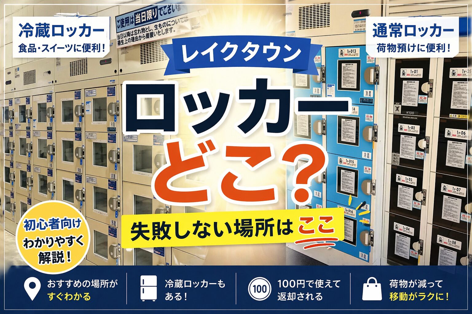 レイクタウンのコインロッカー（冷蔵・通常）の違いと場所を解説するイメージ画像