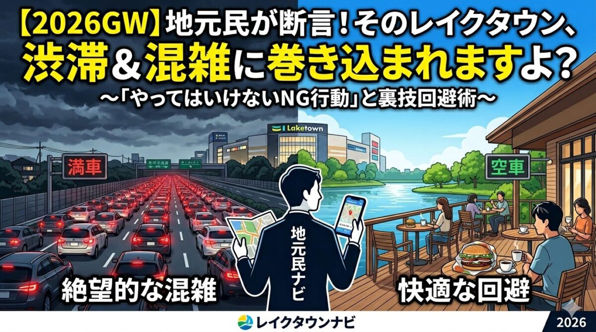【2026GW】地元民が教えるレイクタウン混雑回避術。絶望的な渋滞道路と、快適な水辺のテラスの対比。
