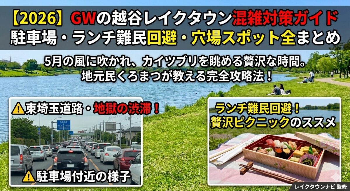 2026年GWの越谷レイクタウン混雑対策ガイド。東埼玉道路の渋滞する駐車場付近の様子と、湖のほとりで楽しむ贅沢なピクニックランチの対比アイキャッチ画像。